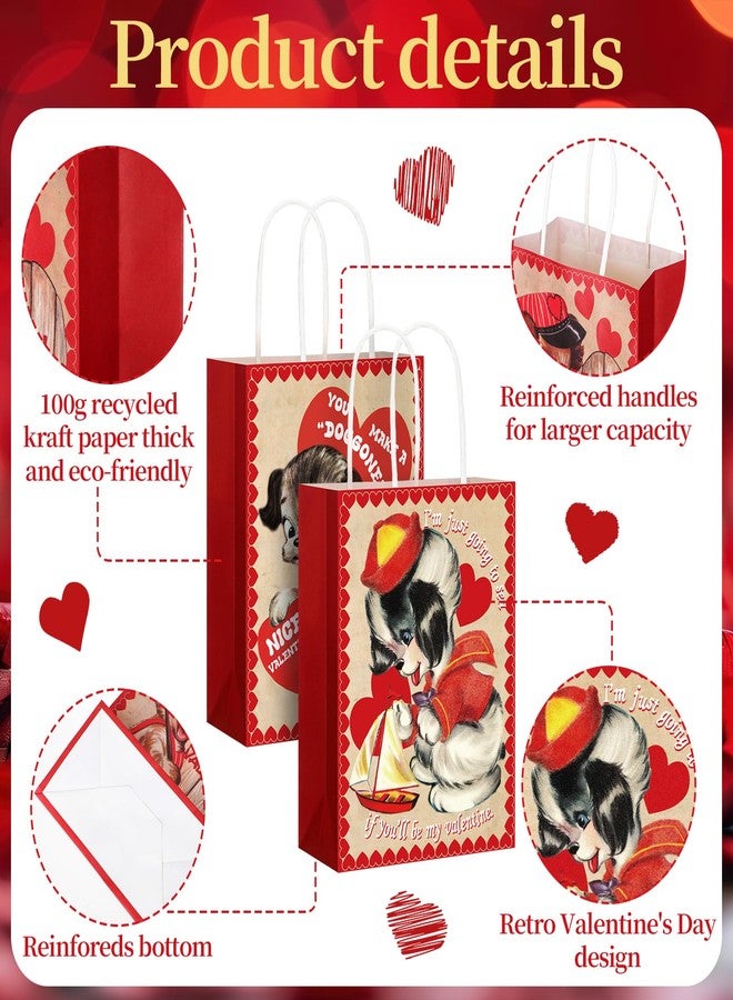 Trandraft 24 Pcs Vintage Valentine's Day Gift Bags with Handle Retro Valentines Love Heart Kraft Paper Goodie Bags for Valentines Treats Goody Holiday Party Supplies Favors(Dogs) - Image 4